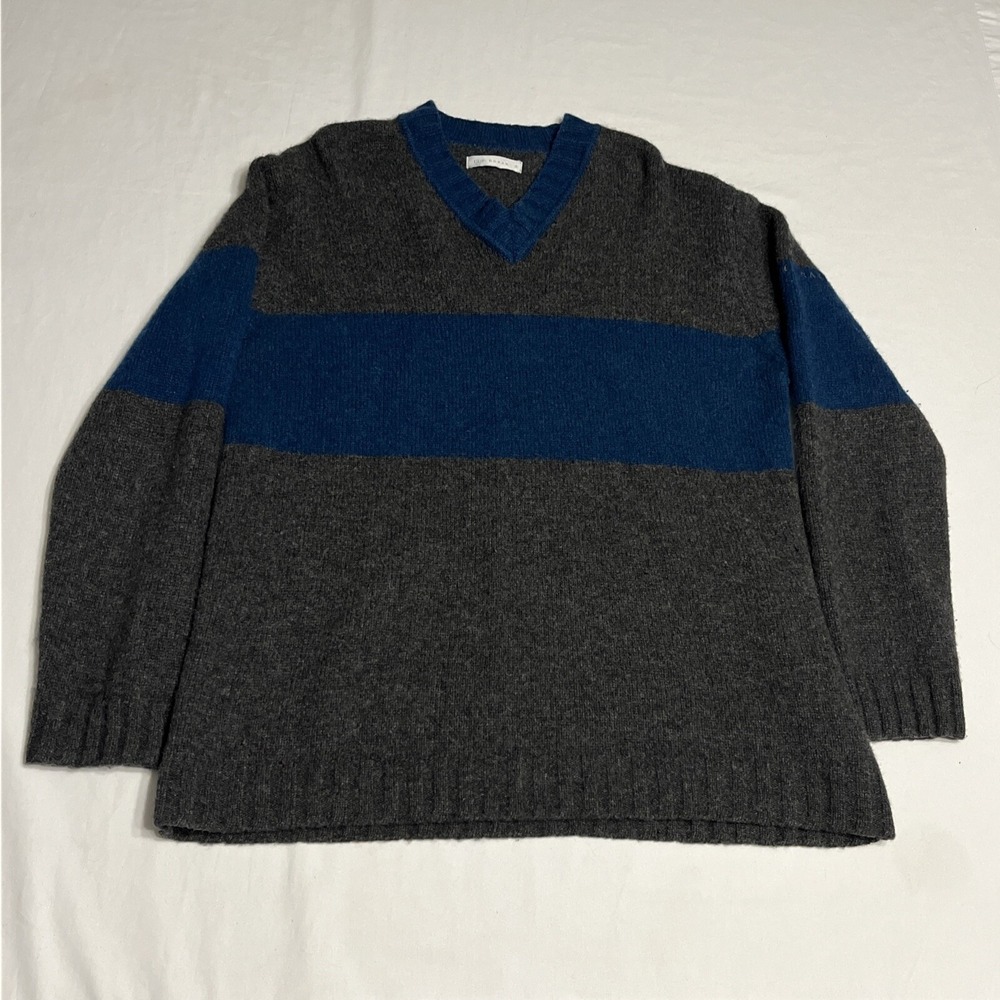 Ted Baker Sweater Mens Sz 3 Gray Striped V Neck 100% Lambs's Wool Soft Pullover
